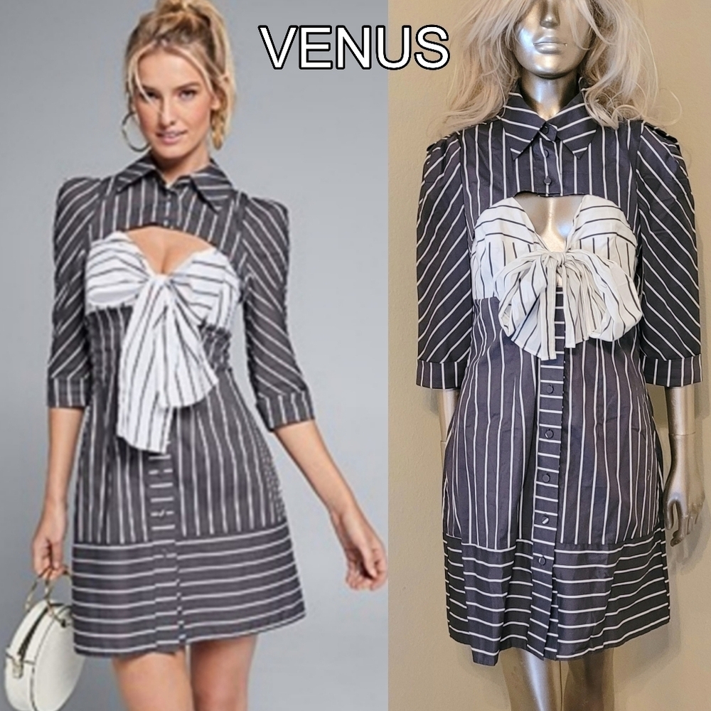 NWT VENUS Pinstripe Cutout Bustier Tie Front Mini Shirt Dress Sz 8